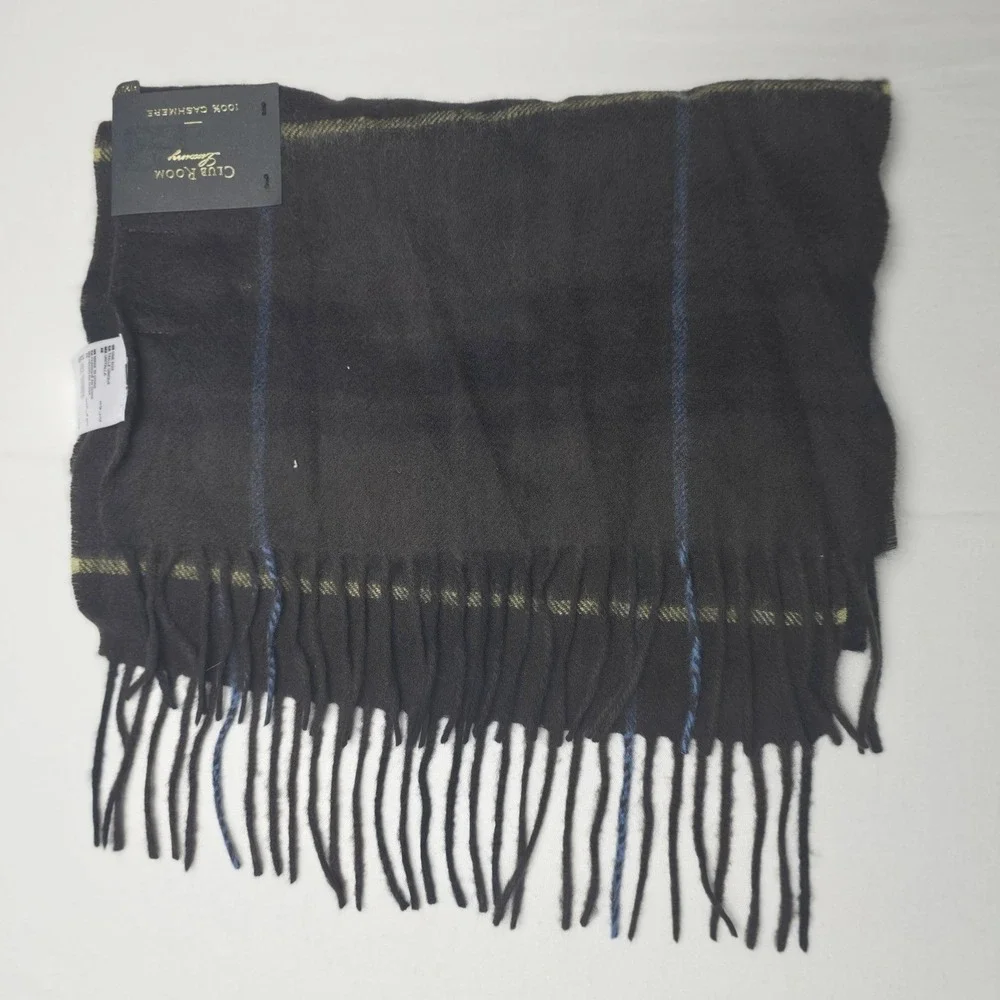 Club‎ Room Scarf Mens One Size Brown/Yellow Plaid 100% Cashmere Fringe NWT